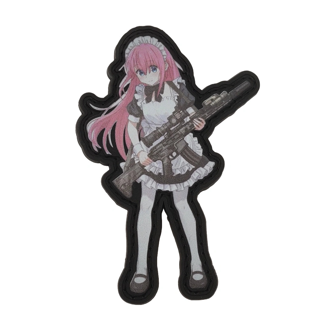 Sticker of an anime character with pink hair and a gun on a white background