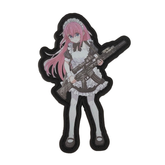 Sticker of an anime character with pink hair and a gun on a white background