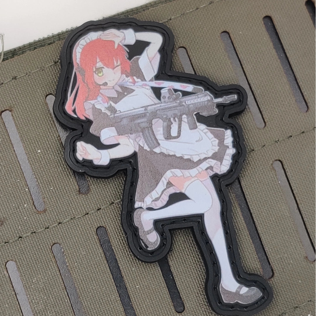 Bocchi the Rock Kita Ikuyo TAR-21 x Combat Maid Patch attached to tan tactical plate carrier – Velcro hook and loop in action