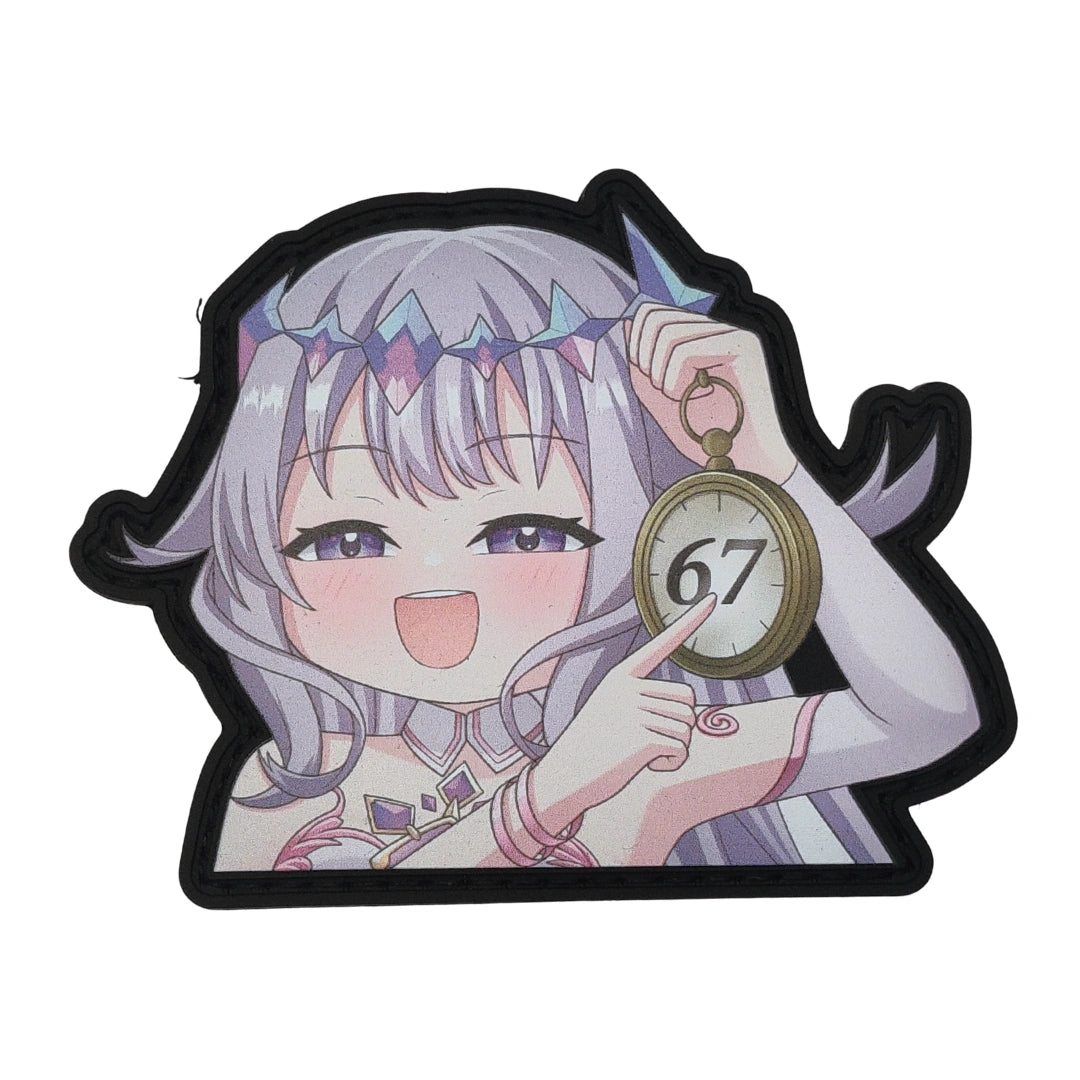 Koseki Bijou "67" meme patch 3.4 inches featuring Biboo holding pocket watch with purple hair and crown on dark background