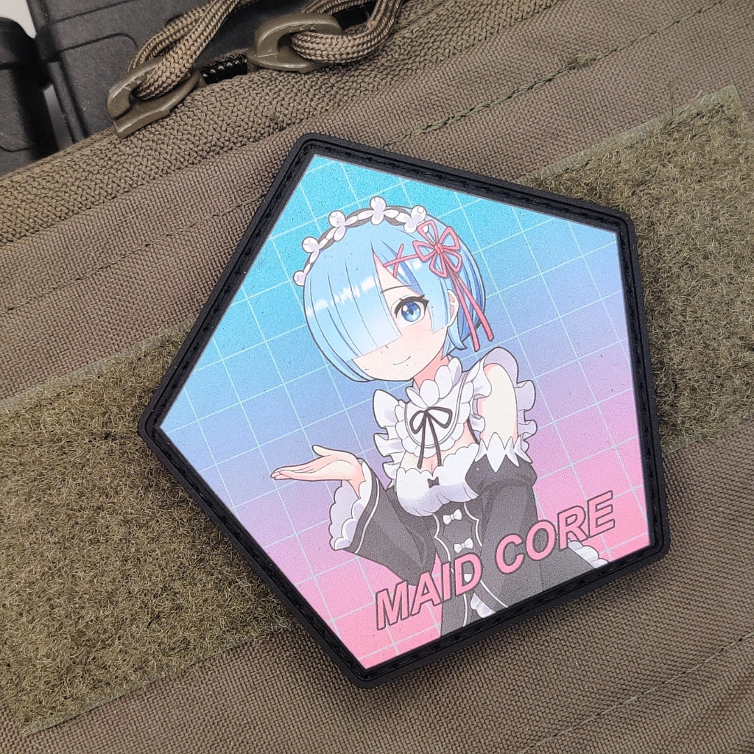 Rem Maid Core Synthwave anime patch on tactical backpack, vaporwave morale patch for loadout customization