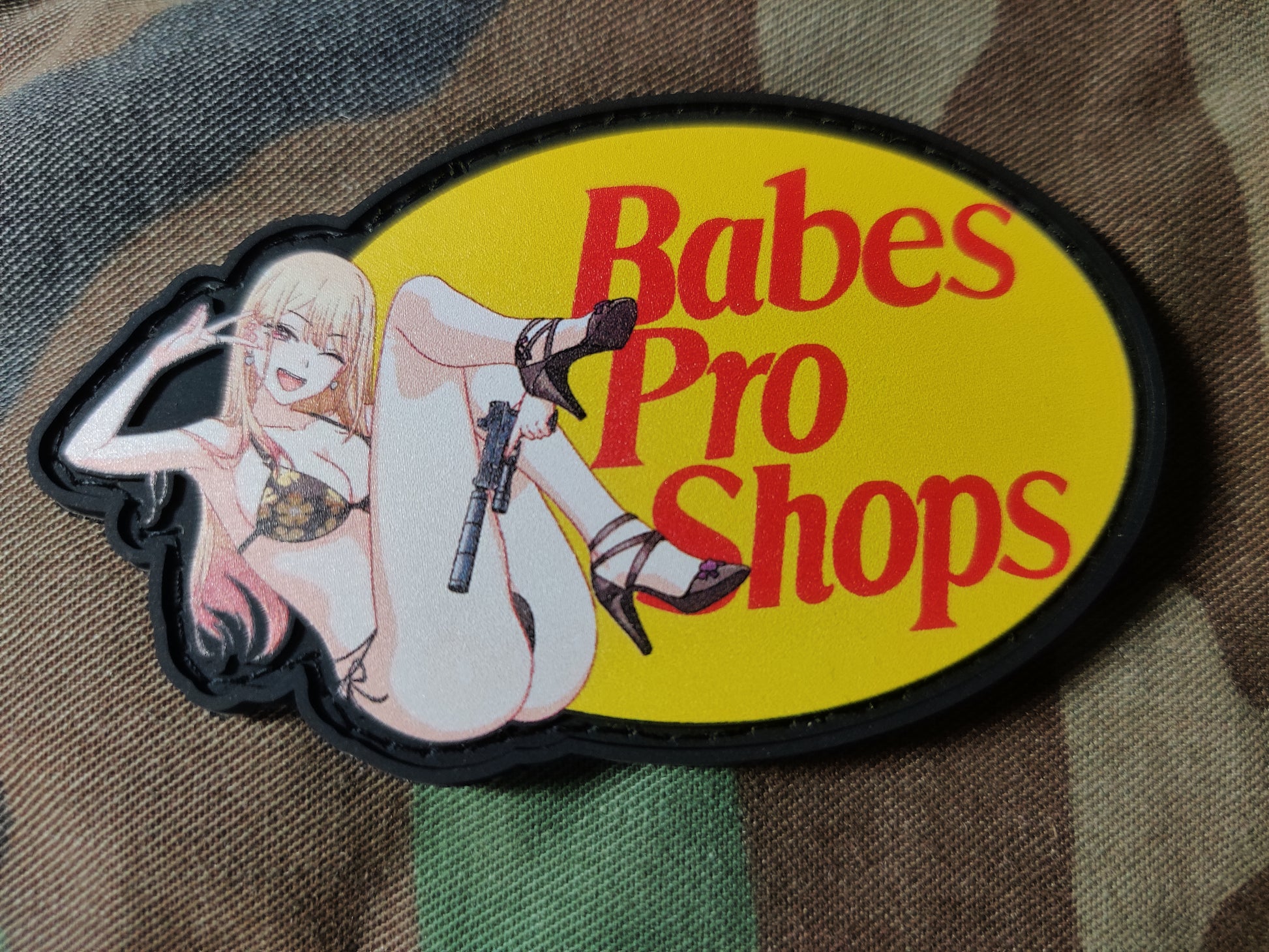 Custom anime patch of Marin Kitagawa from My Dress-Up Darling with 'Babes Pro Shop' parody text