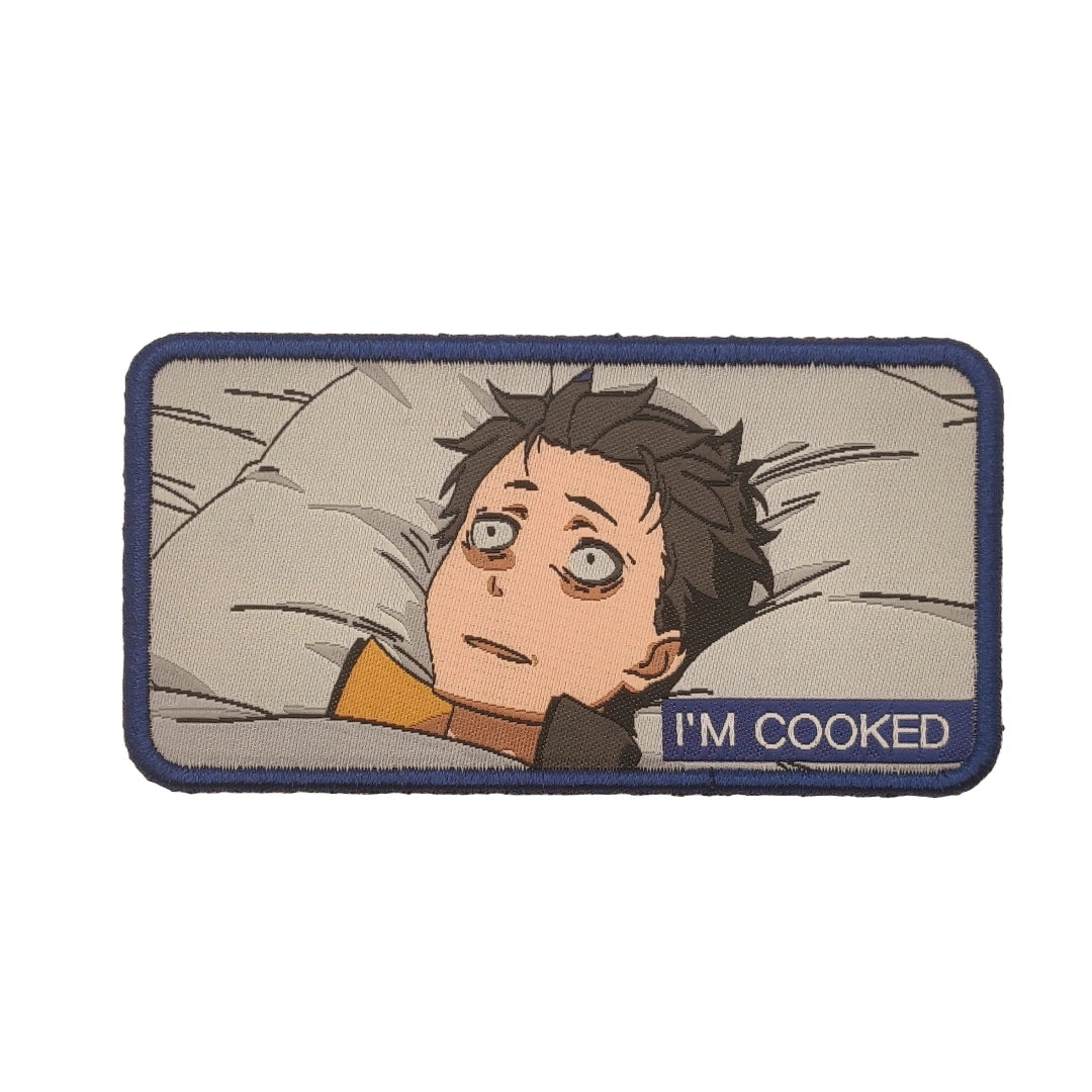 Natsuki Subaru "I'm Cooked" meme patch from Re:Zero on white background — 3.5" woven Velcro tactical patch with hook backing
