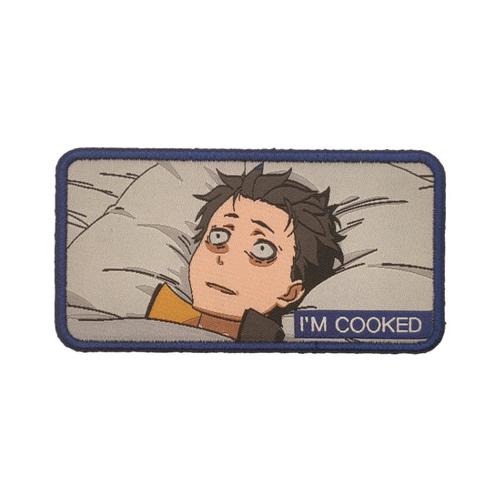 Natsuki Subaru "I'm Cooked" meme patch from Re:Zero on white background — 3.5" woven Velcro tactical patch with hook backing