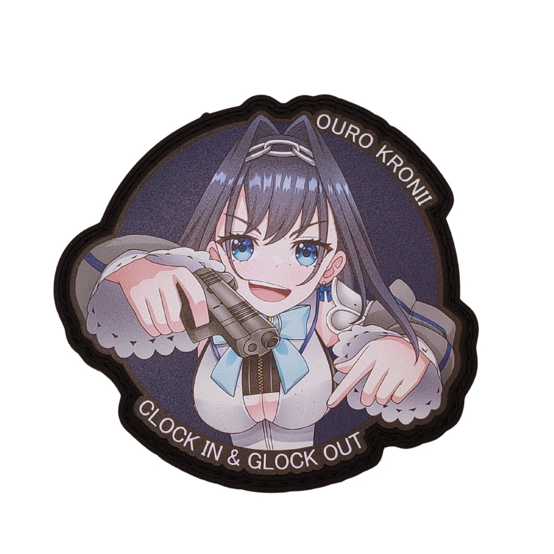 Ouro Kronii "Clock In & Glock Out" patch 3.4 inches featuring Kronii in tactical gear with dual pistols and "Ouro Kronii" text on dark blue background