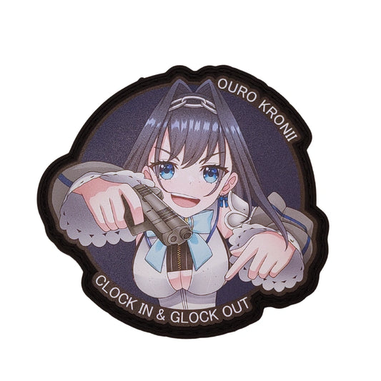 Ouro Kronii "Clock In & Glock Out" patch 3.4 inches featuring Kronii in tactical gear with dual pistols and "Ouro Kronii" text on dark blue background