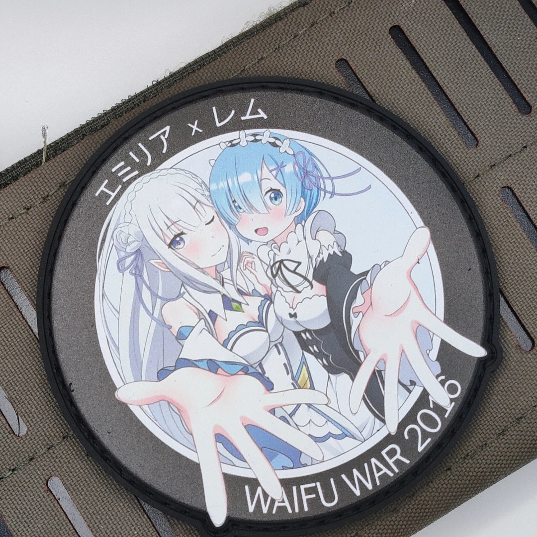 Re:Zero Waifu War 2016 velcro patch mounted on tactical gear, showing UV print detail and hook backing