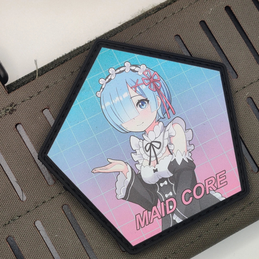 Rem Maid Core Synthwave velcro patch on tactical gear, showing vaporwave aesthetic and hook backing detail