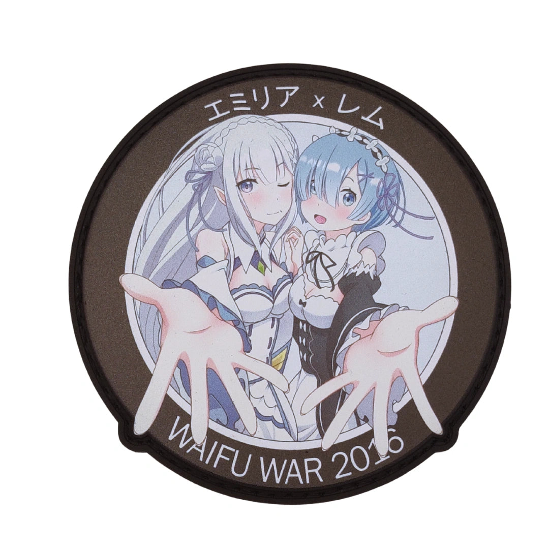 Rem and Emilia WAIFU WAR 2016 meme anime patch, 3.4 inch circular UV printed velcro patch for Re:Zero fans