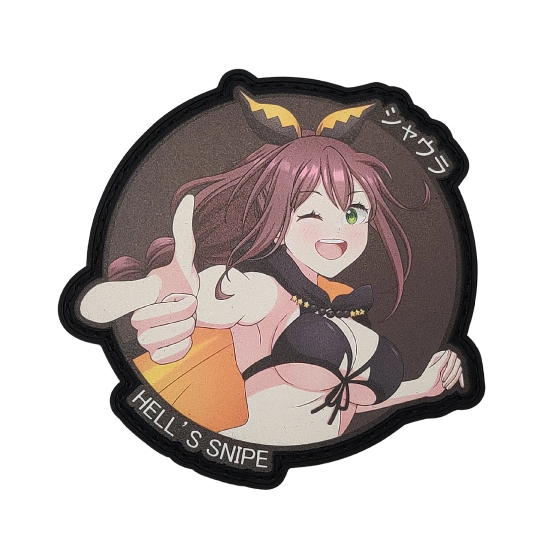 Shaula Hell's Snipe anime patch, 3.4 inch UV printed velcro patch with gold accents and demon horns for Re:Zero fans