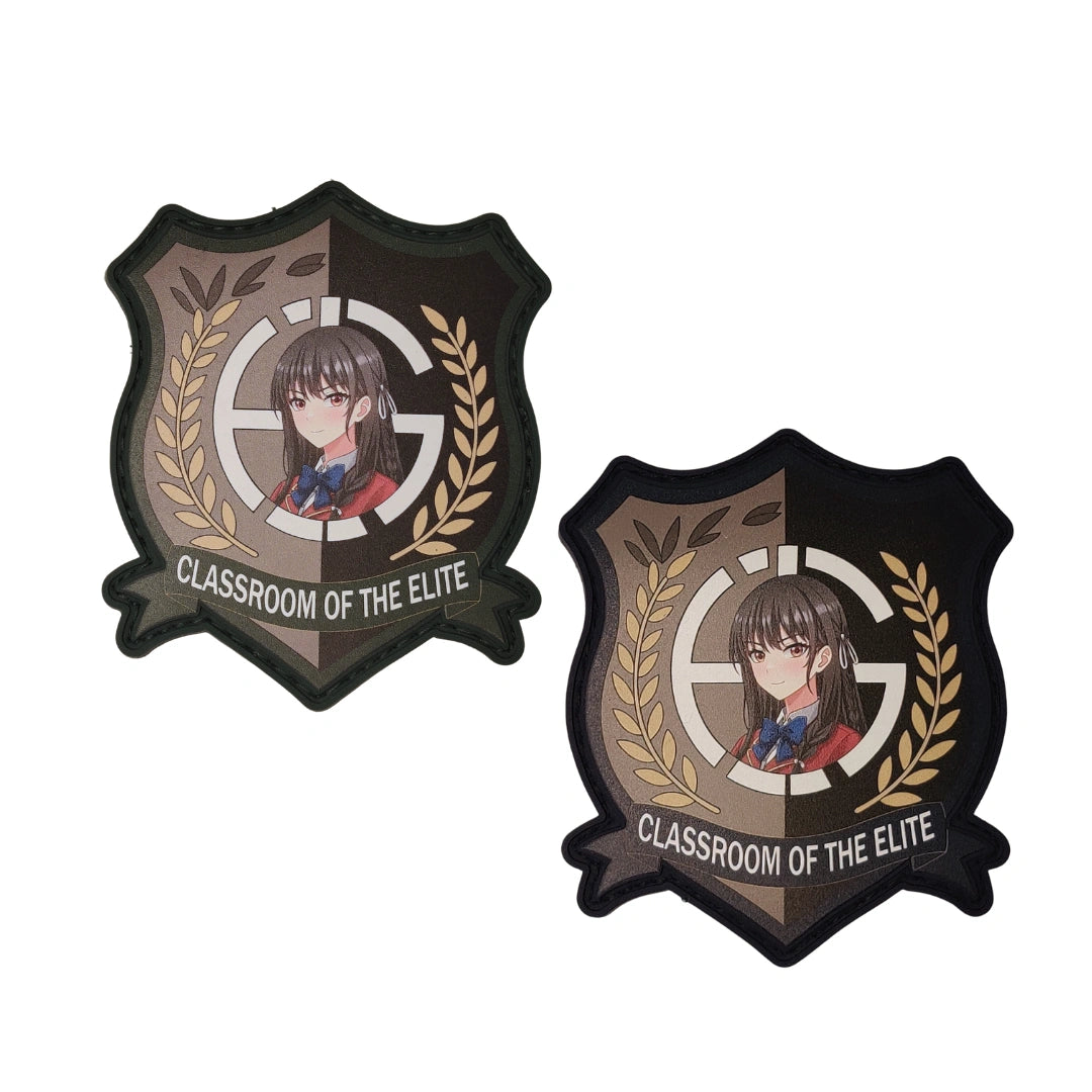 Size comparison of Suzune Horikita Classroom of the Elite patches, large and small versions displayed side by side on white background